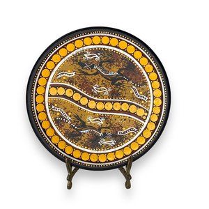 Australian Aboriginal Dot Art Painted Ceramic Terracotta Dish Lizards Signed